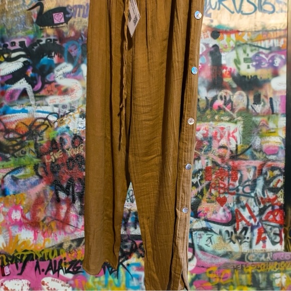 Women's Tan Wide Leg Pants with Button Detail - Picture 2 of 6